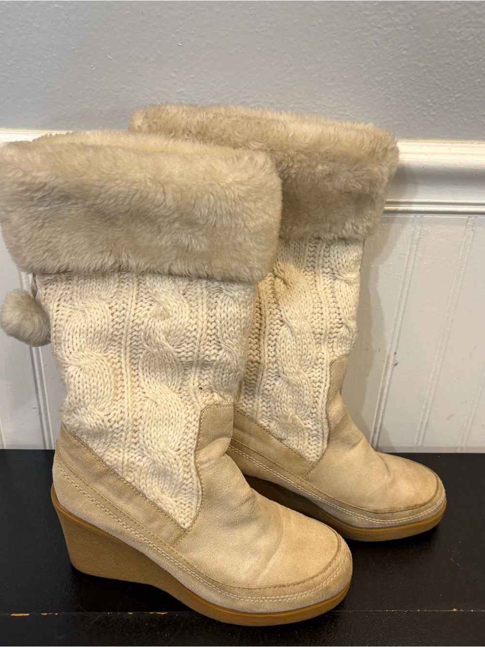 American Eagle Outfitters Cream Knit Faux-Fur Wedge Boots